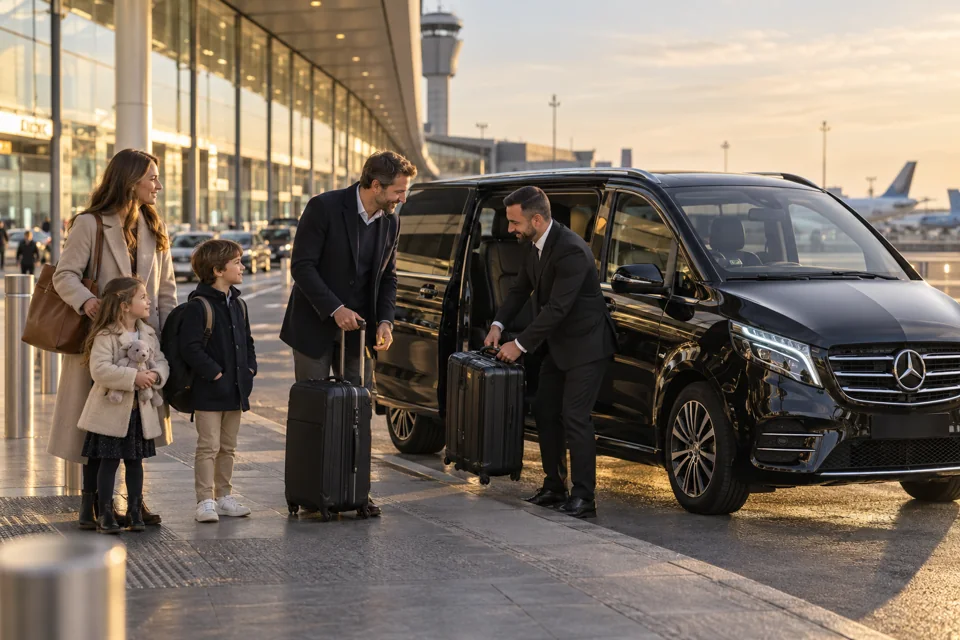 Illustration : accueil d’une famille avec enfants près d’un Mercedes Classe V à l’aéroport